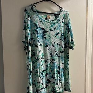 JM Collection Teal and Black Floral Short Sleeve Top
